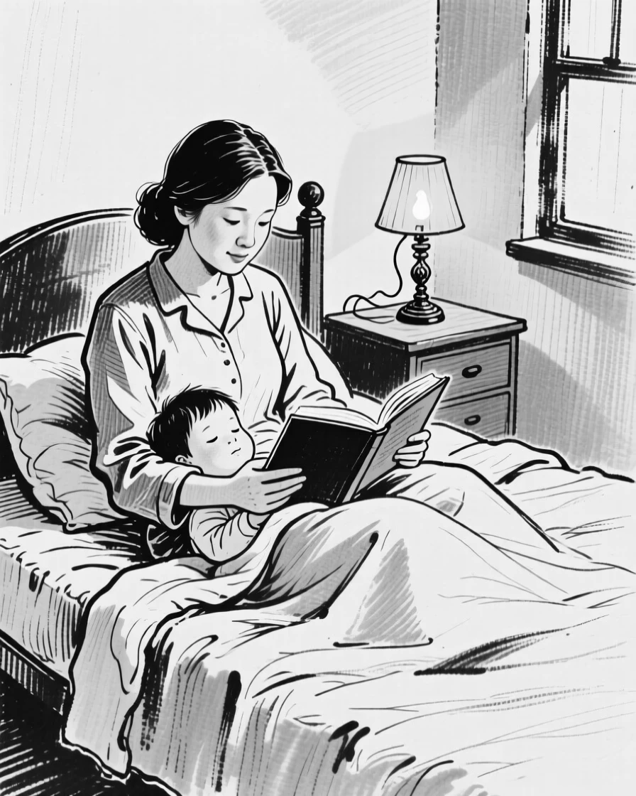 A mother reading a storybook to her child tucked into bed, a small lamp casting warm light across the room.