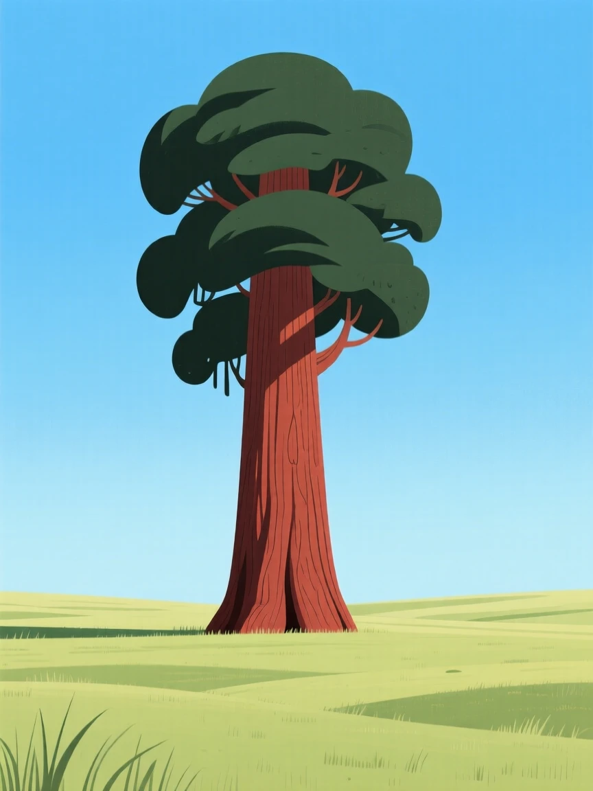 A towering giant sequoia standing alone in an open field under a clear blue sky.