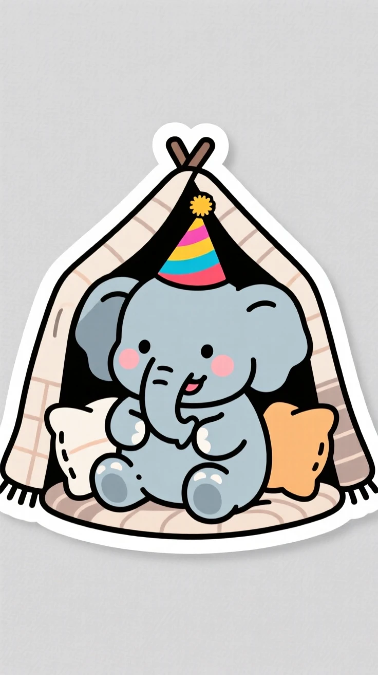 A sweet-faced chubby baby elephant holding a paper party hat, inside a cozy blanket fort.