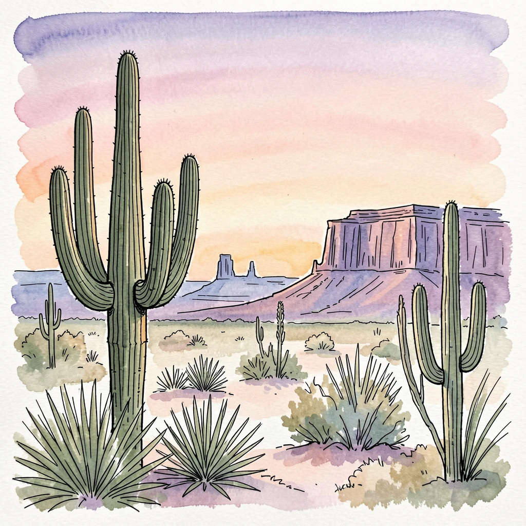 A desert landscape at dusk with tall saguaro cacti silhouetted against a fading orange sky, distant mesas layered in purple haze