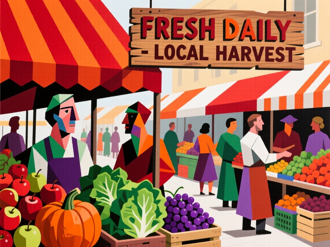A bustling farmers market with fresh produce piled high under striped awnings.