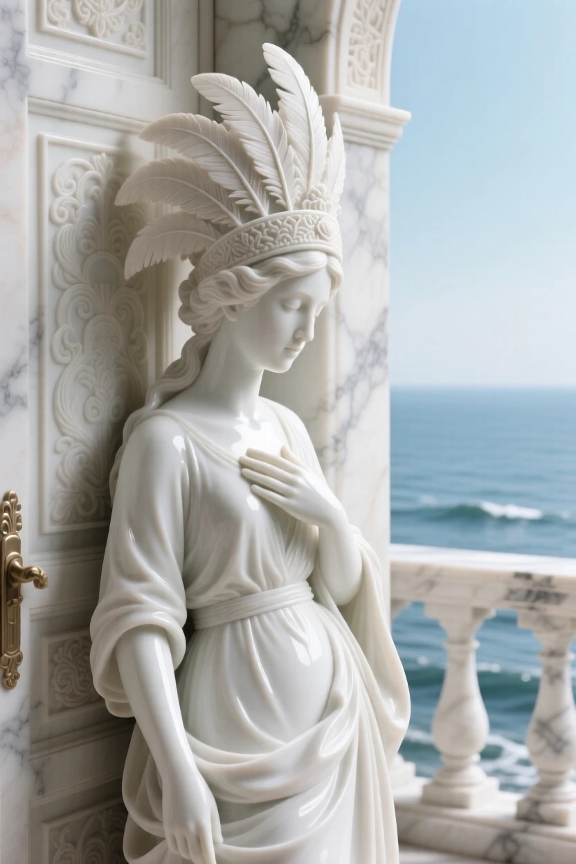 A poet leaning against an ancient doorway, wearing a feathered ceremonial headdress, one hand resting gently over her heart, set against a marble balcony overlooking the sea.
