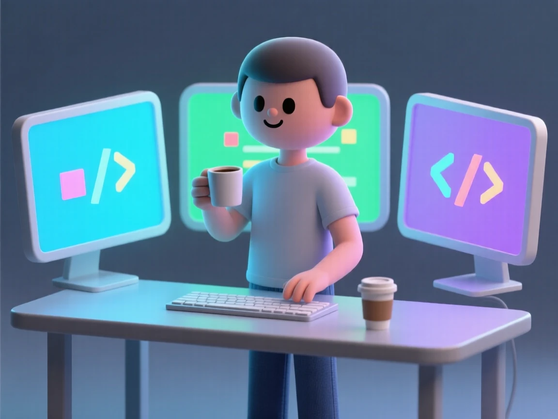 A modern software engineer sips coffee while typing at a standing desk surrounded by glowing monitors covered in colorful code.