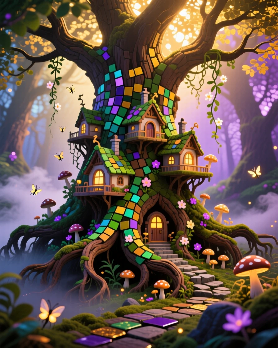 A fairy village built into the roots of an ancient glowing tree, rendered with dramatic magical lighting and rich atmospheric detail.