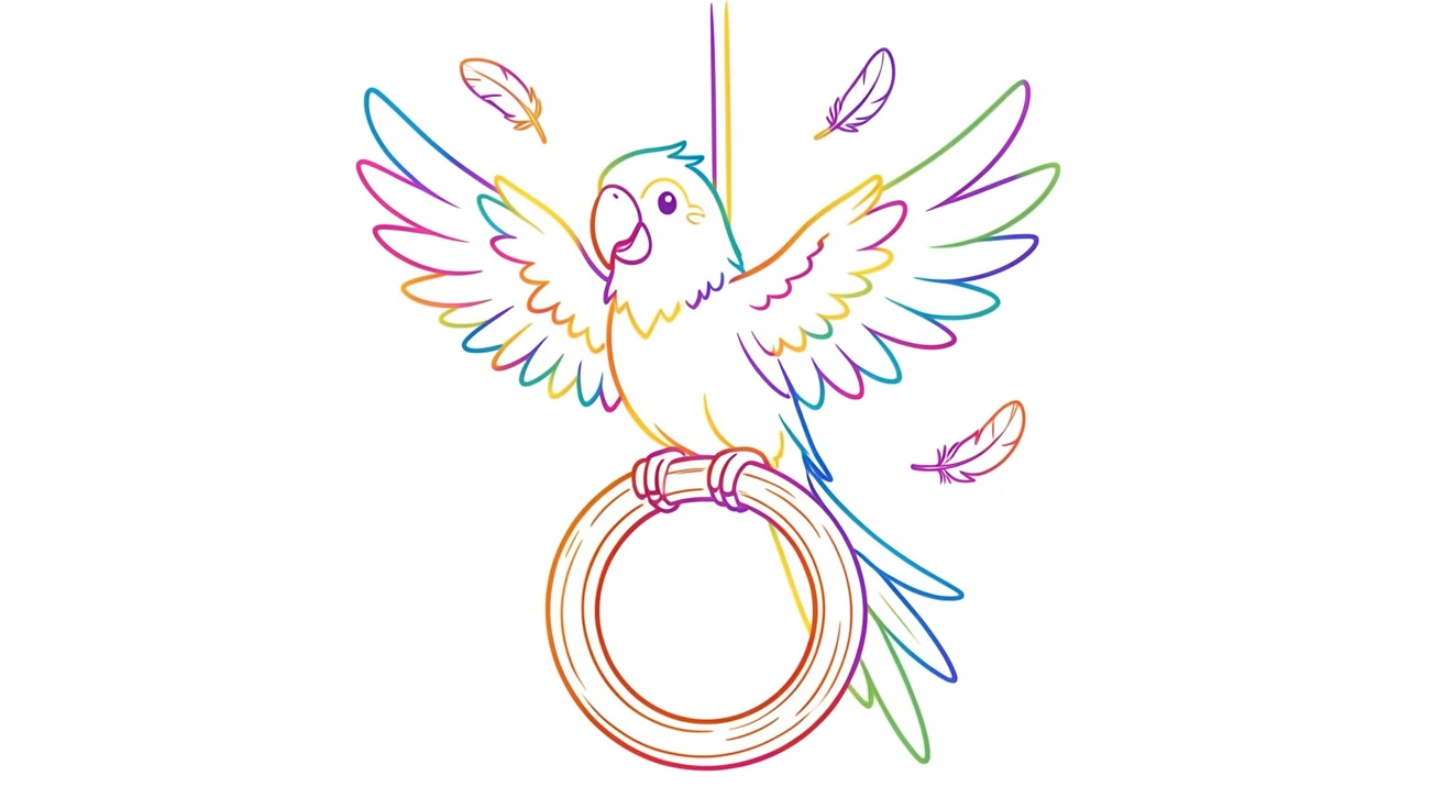 A parrot perched on a wooden ring swing, wings half-spread, colorful feathers fluffed, a few loose feathers drifting nearby.