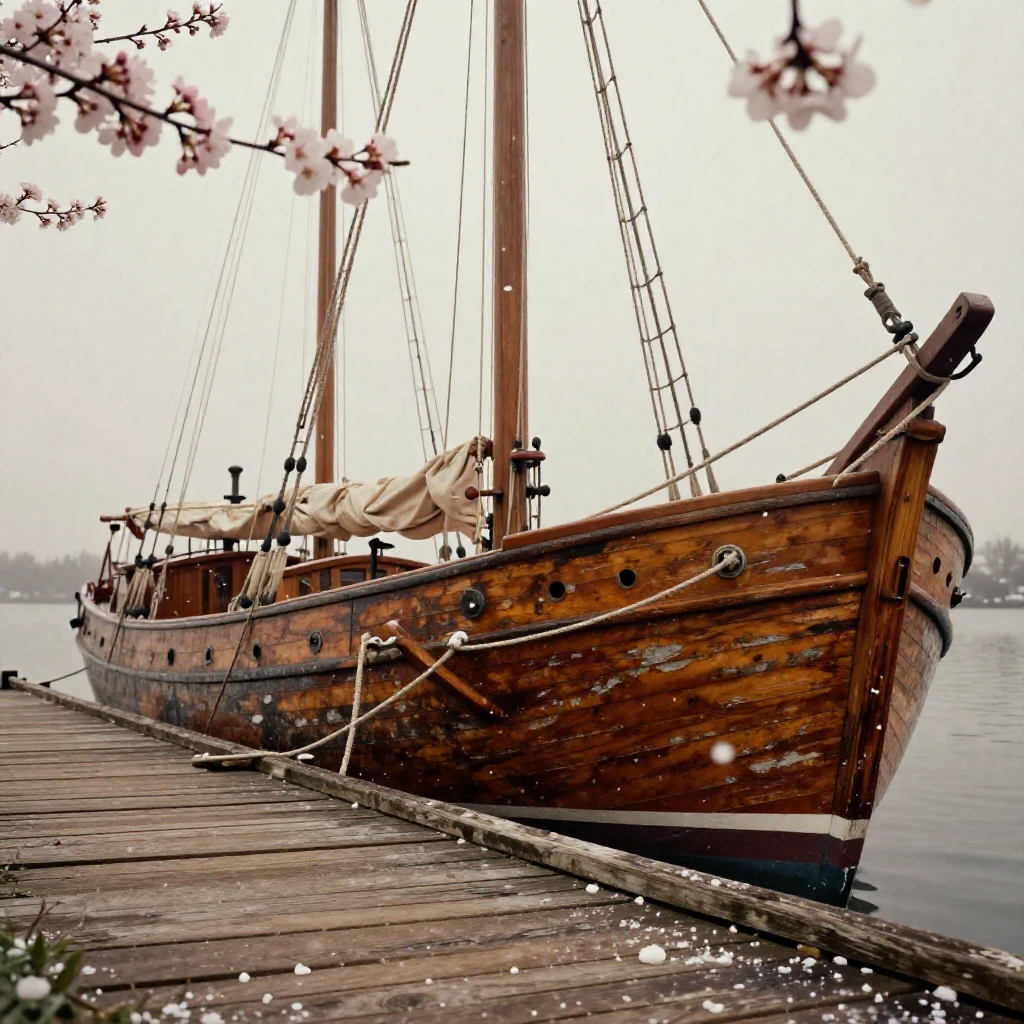 An old wooden sailboat moored at a weathered dock, in soft window light, amid gently falling snow, as spring blossoms unfurl, dominated by warm amber and rust tones, captured from a low angle looking up.