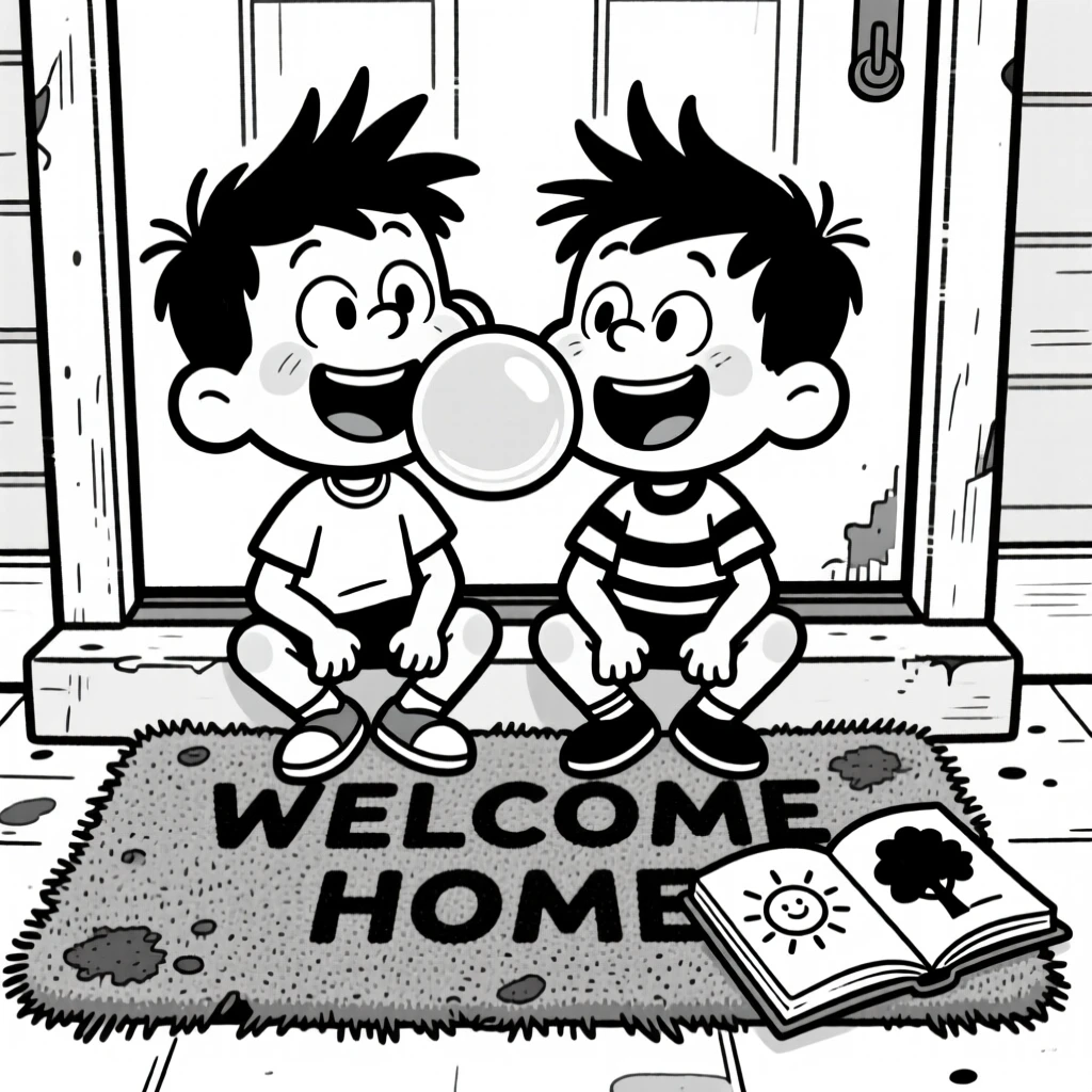 Twin boys with identical cowlicks, blowing a giant bubblegum bubble, set on a worn front-door welcome mat. A dog-eared storybook lies open on the rug. The scene radiates the warm chaos of everyday family love.