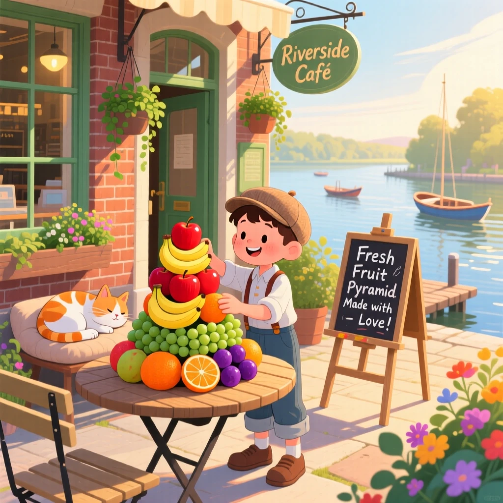 A paperboy on his morning route spends the morning arranging fruit into a colorful pyramid in a riverside café, while a cat naps in a sunny doorway.