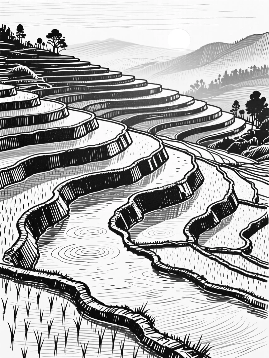 A terraced rice field under the soft glow of early morning light, with ripples spreading across still water, evoking a quietly majestic atmosphere in a wide, balanced composition.