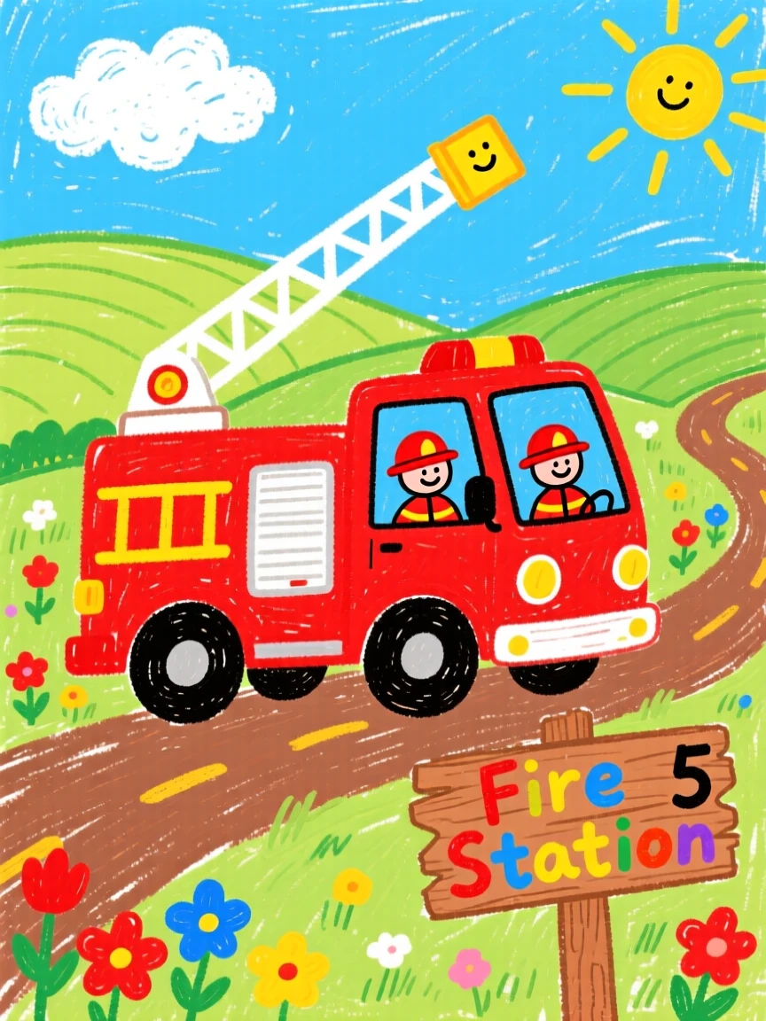 A bright red fire truck driving through a sunny countryside.