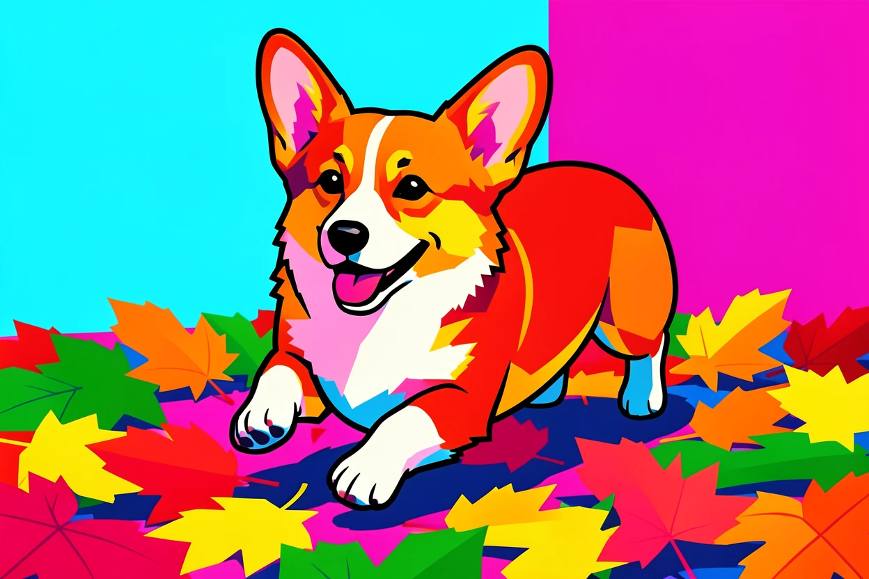 Corgi with short legs running through fall leaves