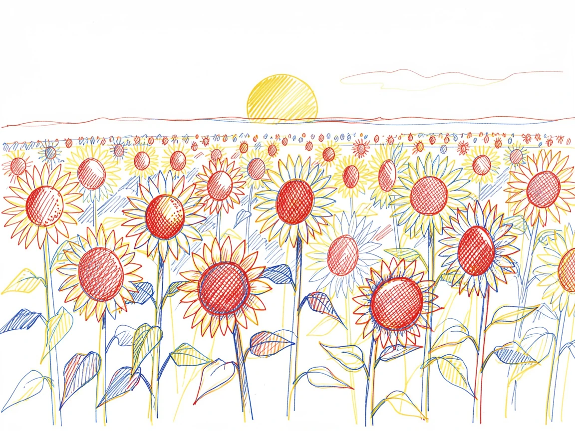 A field of sunflowers turned toward a low golden sun, stretching to the horizon