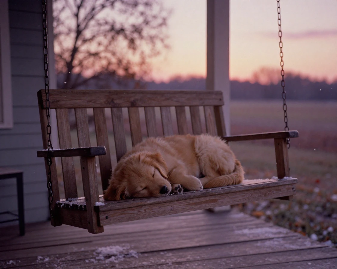 A golden retriever puppy curled up asleep on a porch swing, under a glowing sunset sky, amid gently falling snow, in late autumn, in dusty lavender and rose tones, from a slightly elevated vantage point.