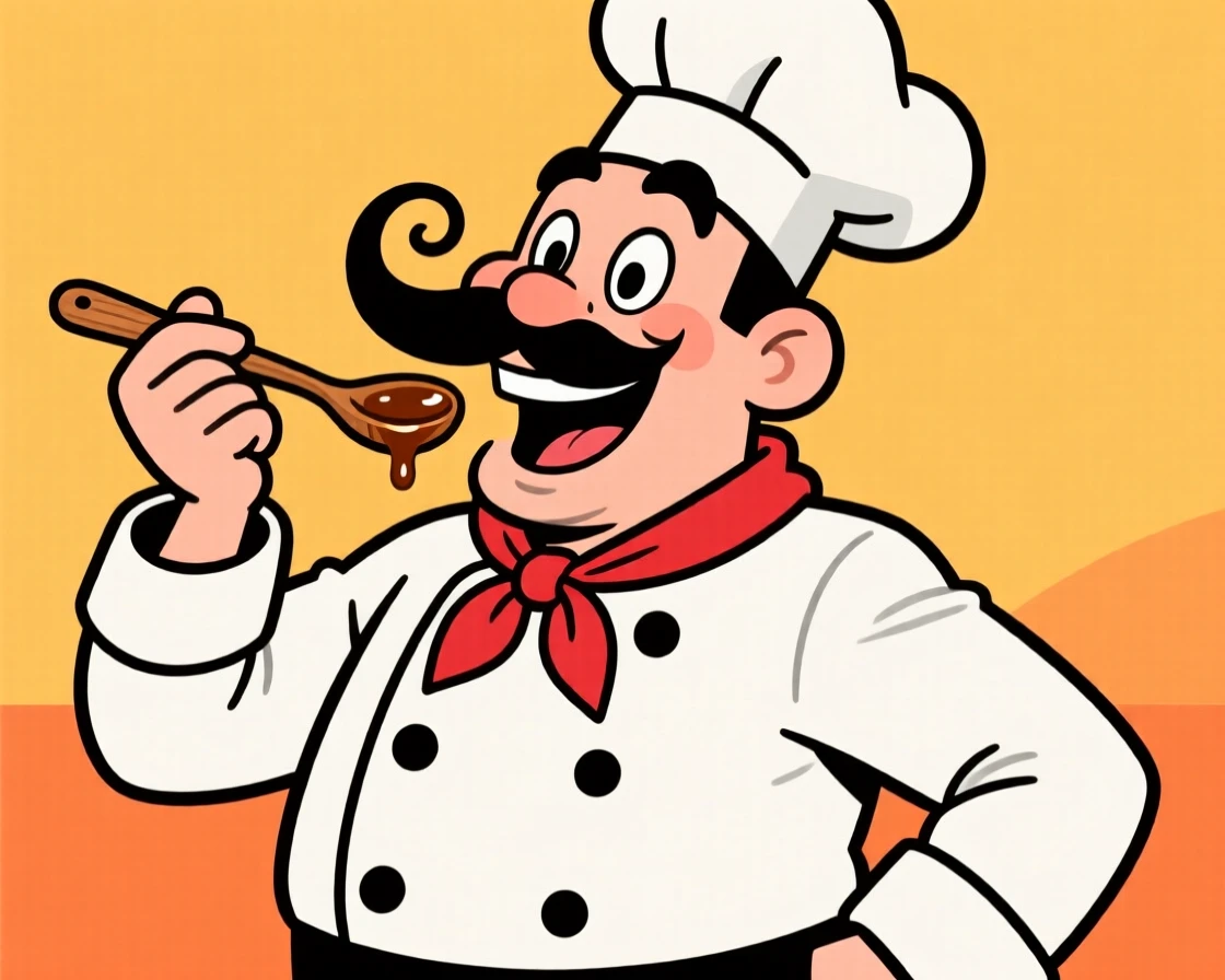 A charming portrait of a flamboyant chef twirling his mustache, tasting sauce from a wooden spoon with an exaggerated look of delight.