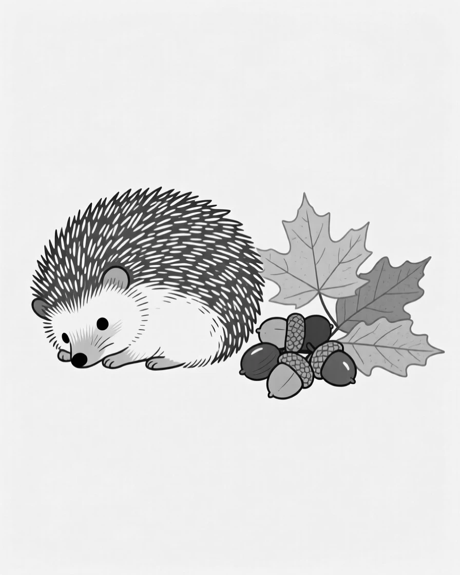 A hedgehog curled beside a pile of autumn leaves and acorns