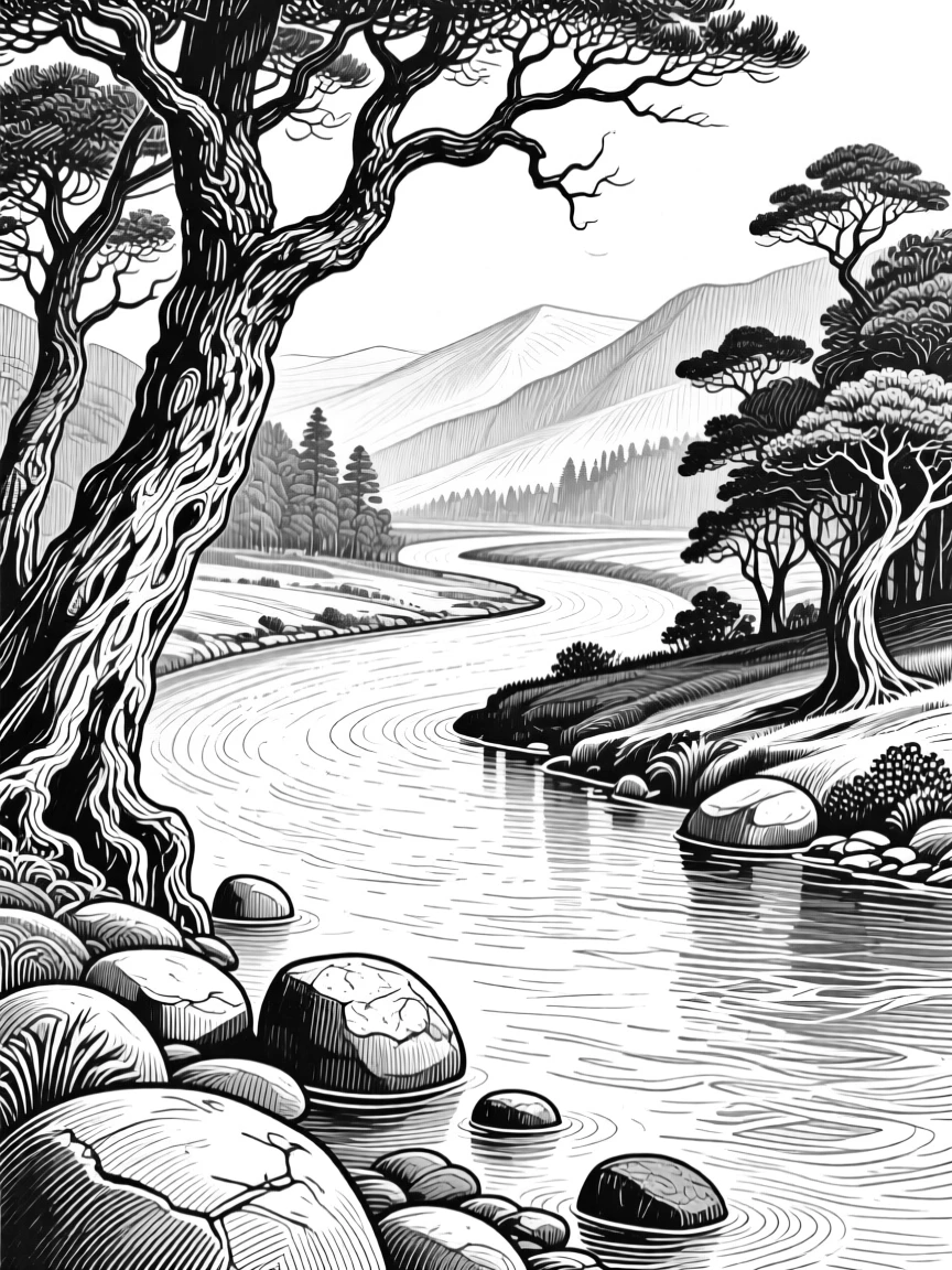 A winding river framed by twisted old trees, with smooth stones worn by centuries of tide, evoking an awe-inspiring in its scale atmosphere in a wide, balanced composition.
