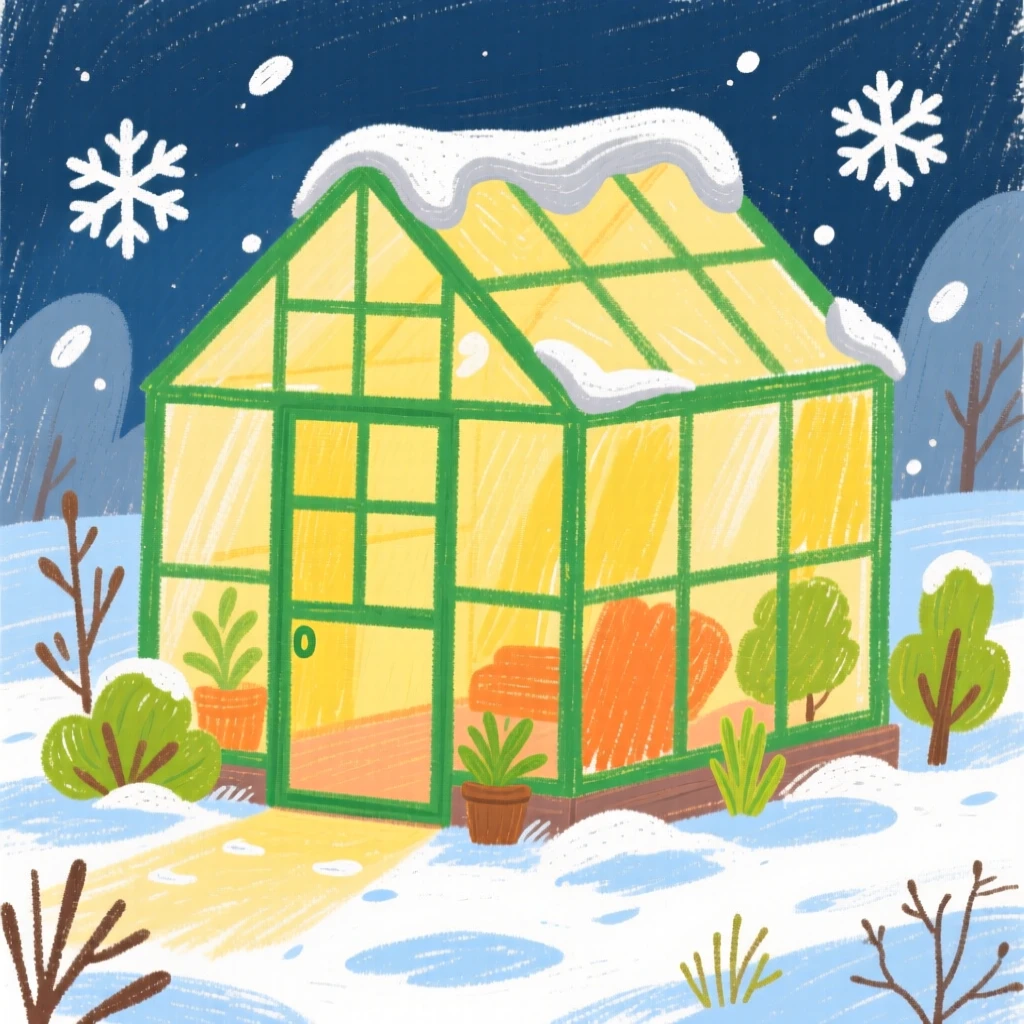 A greenhouse glowing warmly with light on a frosty evening.