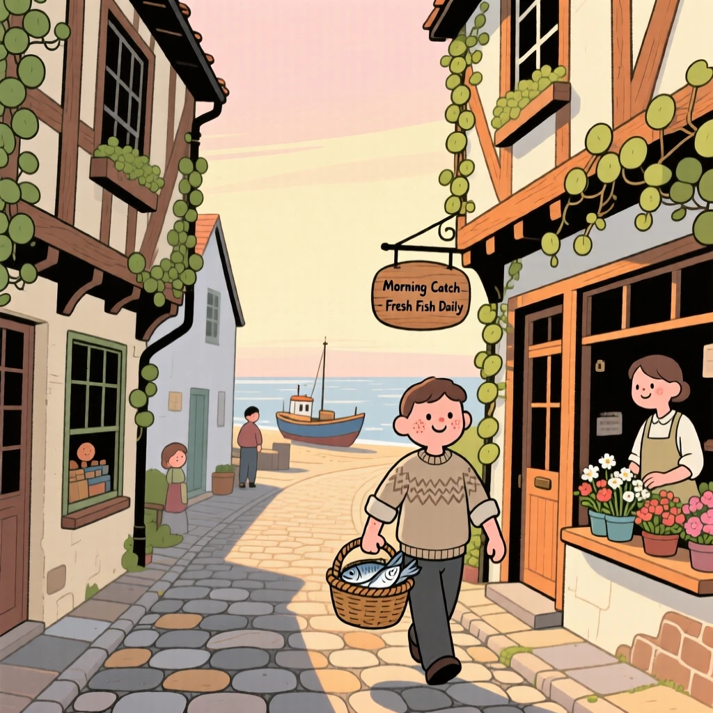 A sunlit alley winds through a small coastal fishing village lined with timber-framed shops and climbing ivy, quiet in the early morning light.