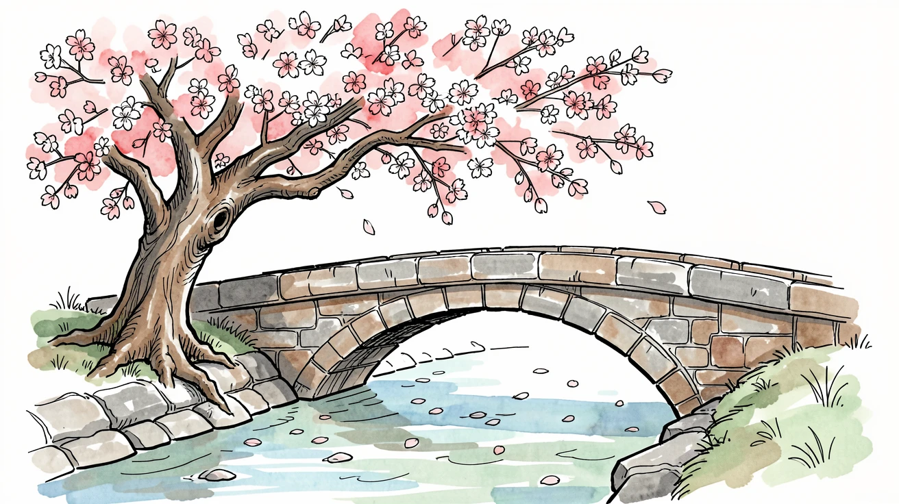A cherry blossom tree in full bloom over a stone bridge, petals drifting onto a slow-moving stream below