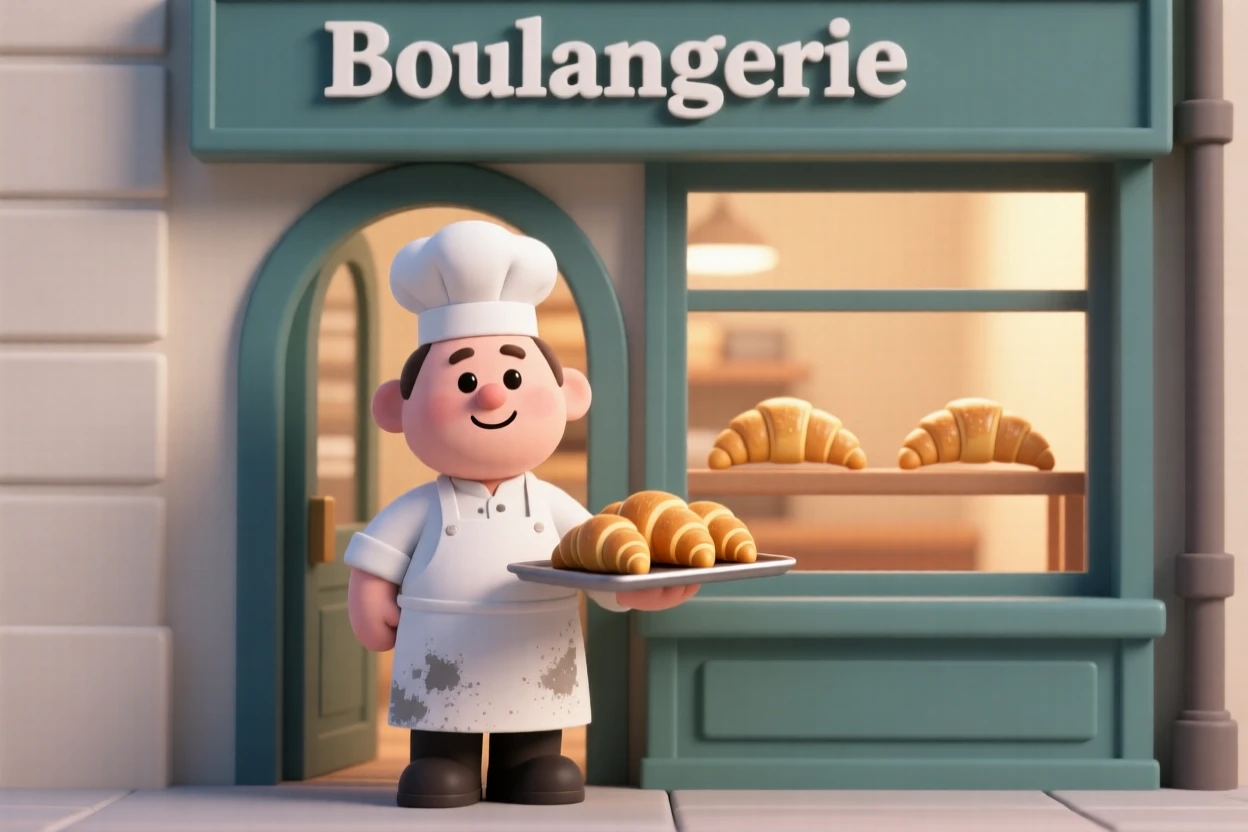 A Parisian baker proudly holds a tray of golden croissants, flour smudged on his apron, standing in the doorway of a cozy little bakery.