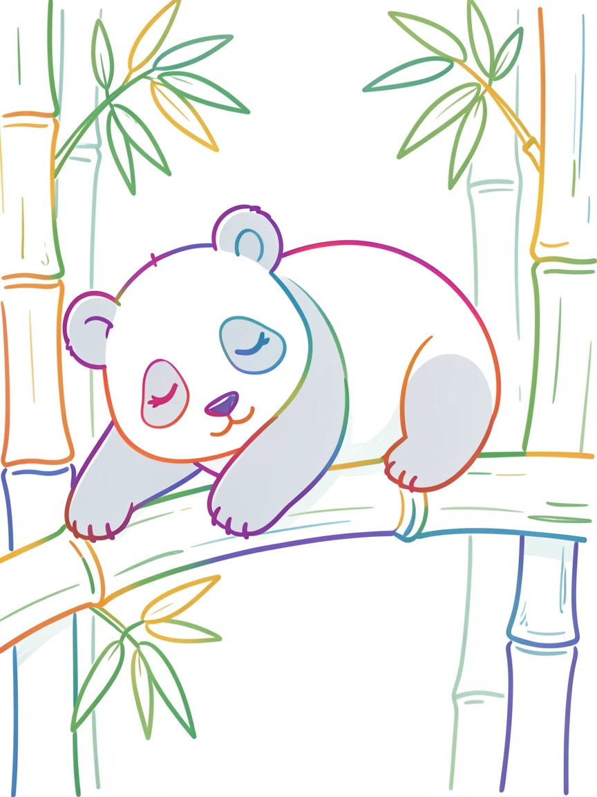 A sleepy panda cub sprawled across a bamboo branch, one paw dangling, surrounded by thick bamboo stalks.