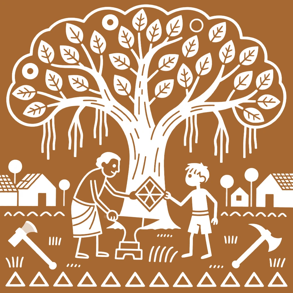 A village blacksmith passing down a family heirloom beneath a large banyan tree.