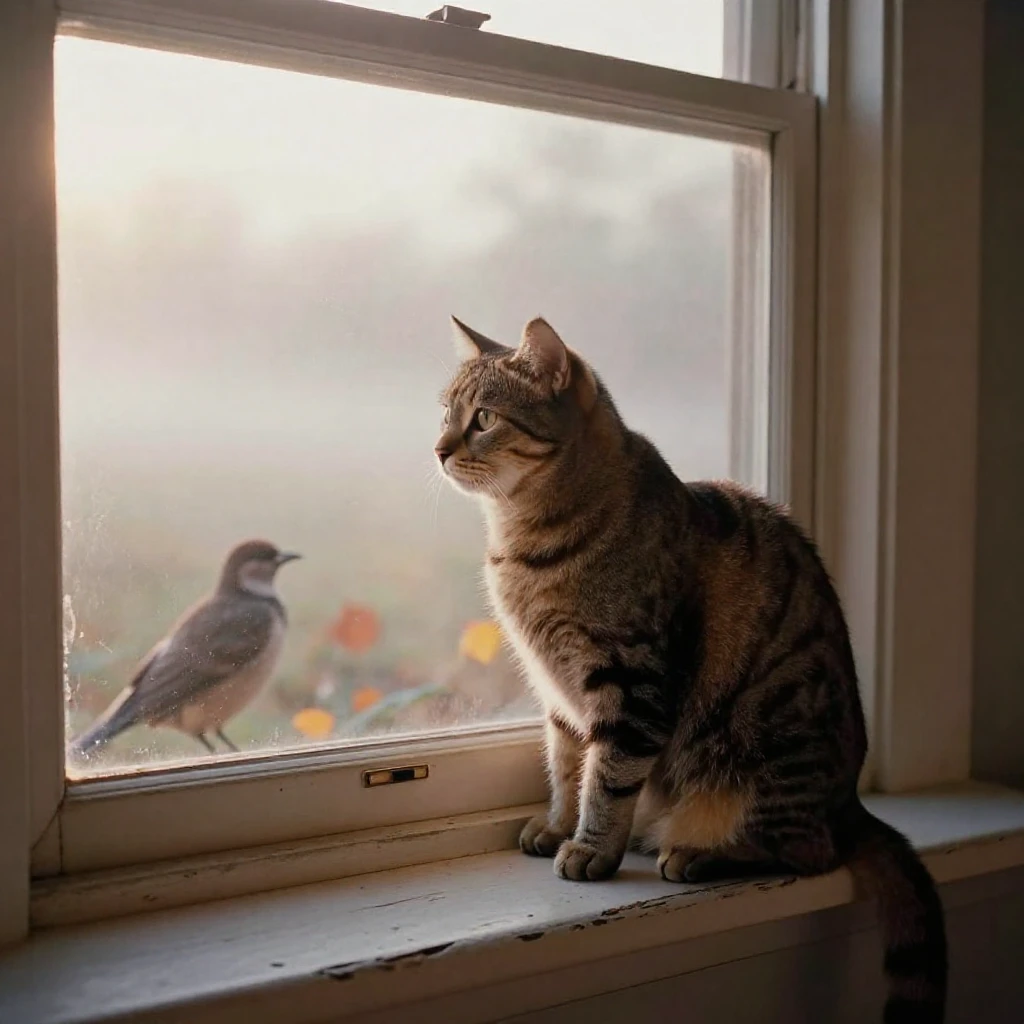 A tabby cat perched on a sunlit windowsill watching birds, in the pale light just before sunrise, in thick rolling fog, in the mild days of early autumn, in warm honey and cream tones, from a three-quarter angle.