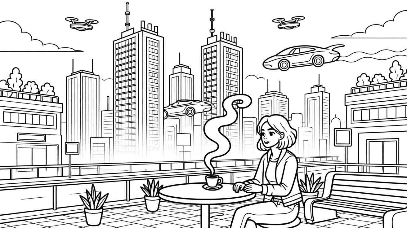 A futuristic city with flying cars weaving between towers, with a cup of coffee steaming nearby.