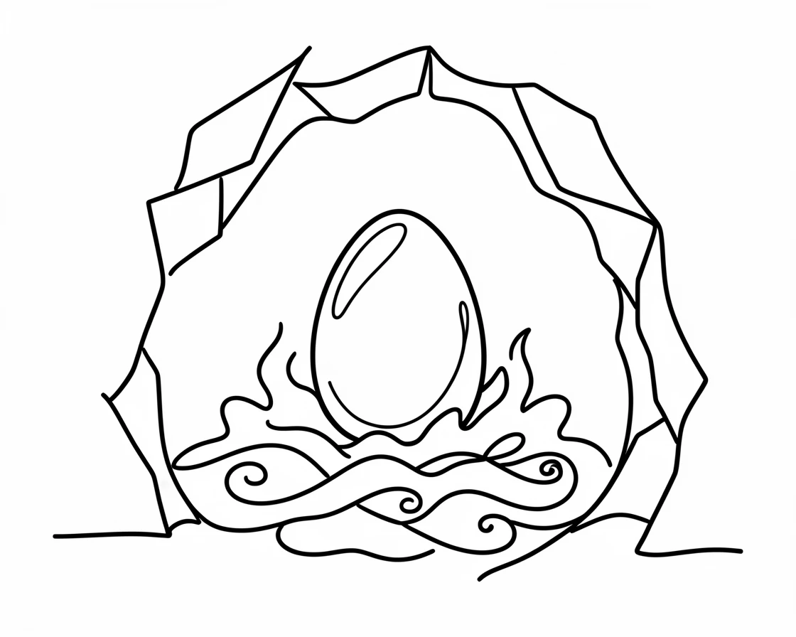 A dragon egg resting on a bed of glowing embers in a stone cave