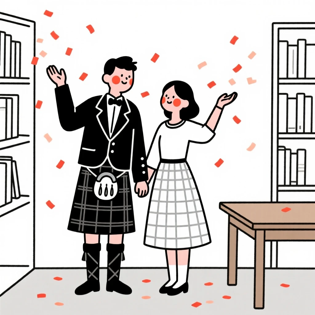 Newlyweds of Scottish heritage throwing confetti at a New Year's party, in a quiet library.