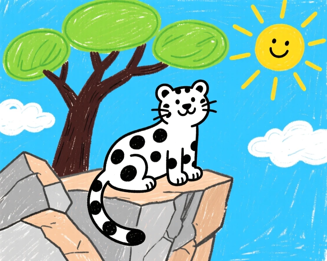 A snow leopard on a rocky cliff under a wide acacia tree.