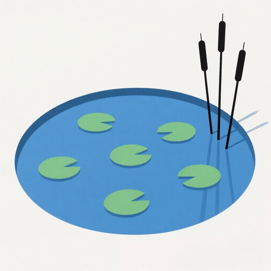 A tranquil pond with lily pads and reeds
