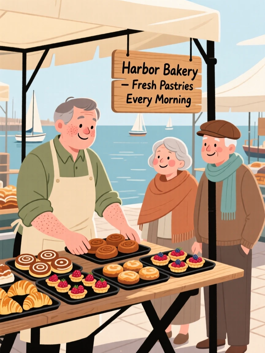 A baker arranges trays of pastries at a bustling harbor market, greeting an elderly couple with a warm smile in the morning sun.