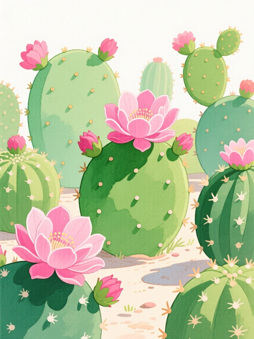 A close-up of a cactus garden blooming with pink flowers.