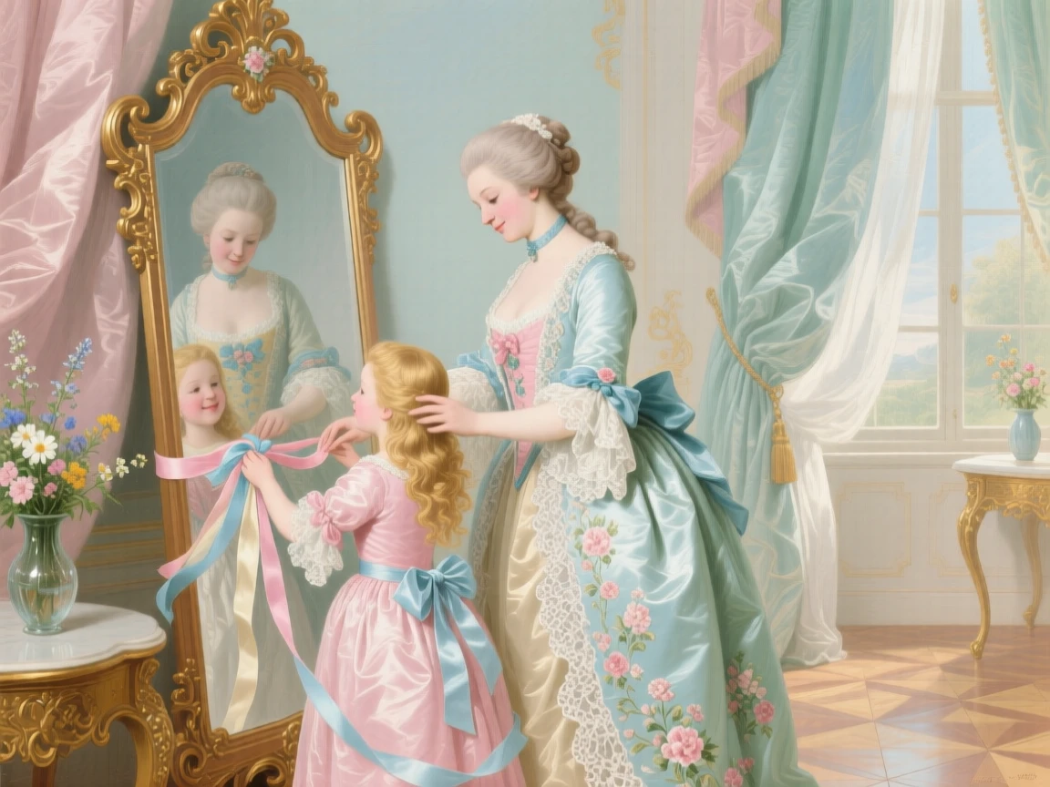 A noblewoman arranging ribbons in her daughter’s hair before a tall mirror  