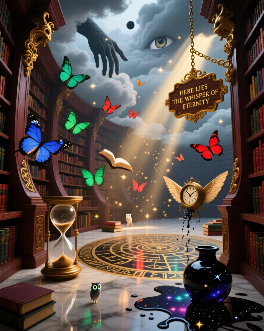 A vast library where books float gently between towering shelves stands silent under a sky heavy with soft grey clouds, while dust motes drift like tiny stars through beams of light.