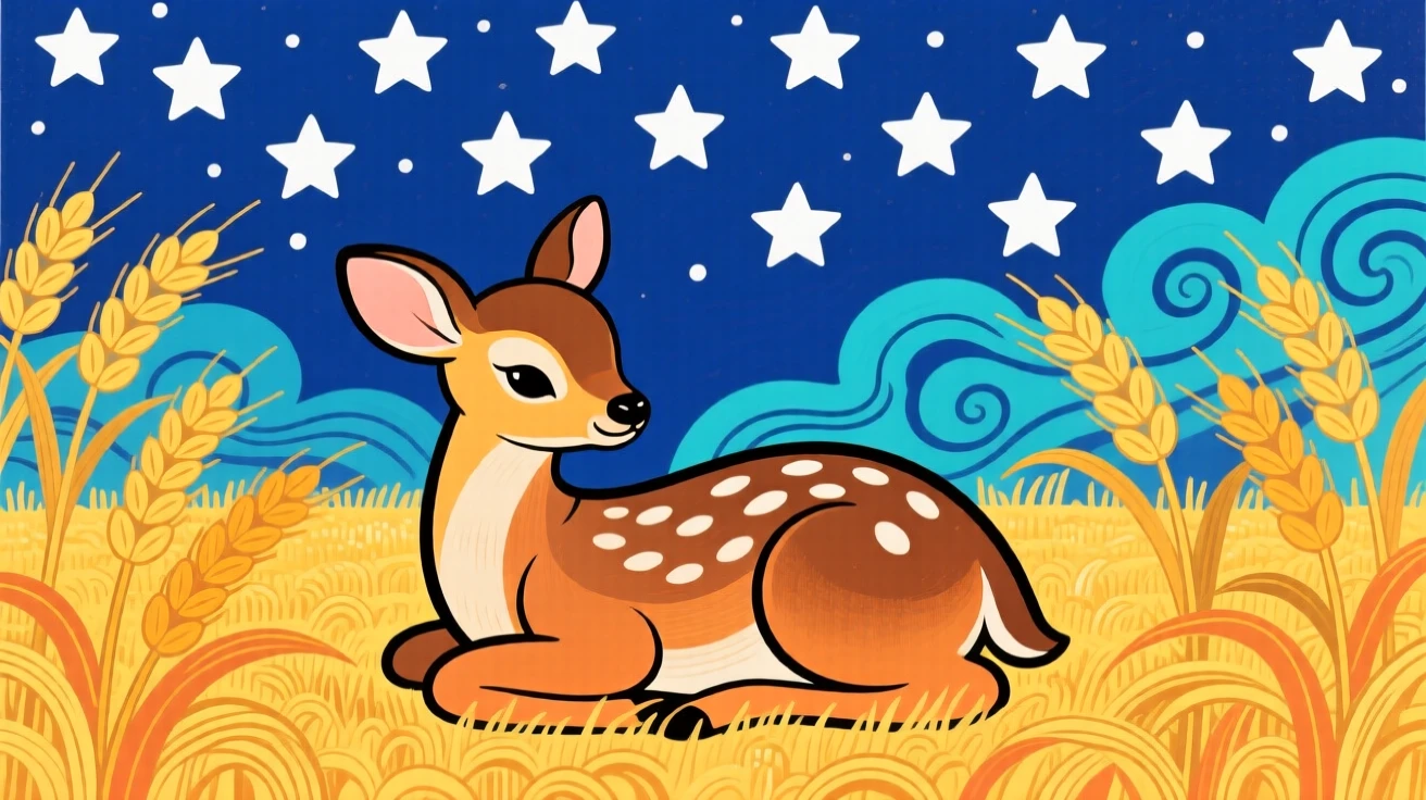 A young fawn resting in a golden wheat field at harvest time, beneath a sky full of stars.