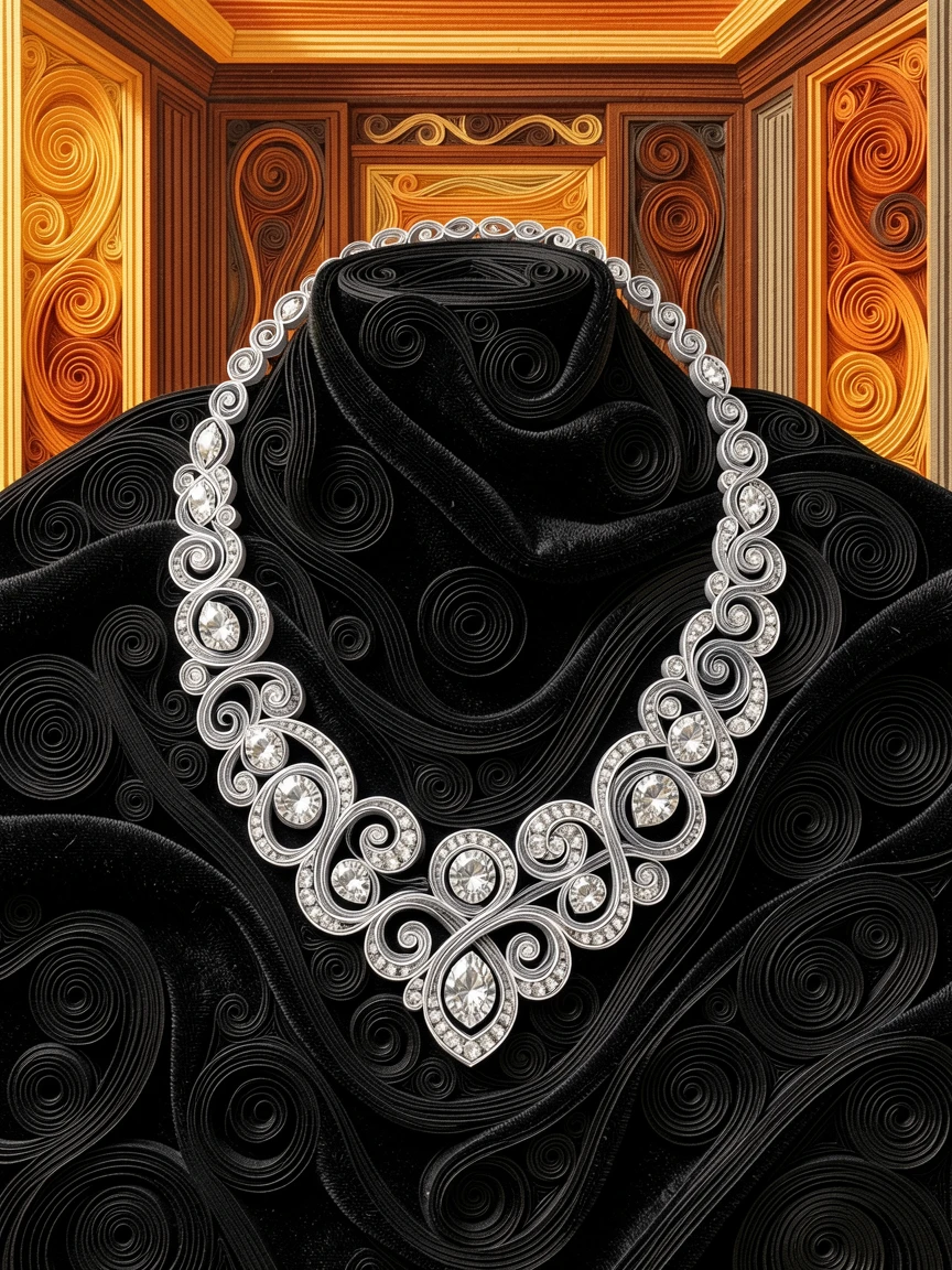 A sophisticated luxury scene of a diamond necklace draped elegantly over black velvet in a sophisticated penthouse suite, with warm amber lighting throughout, arranged with elegant symmetry and balance.