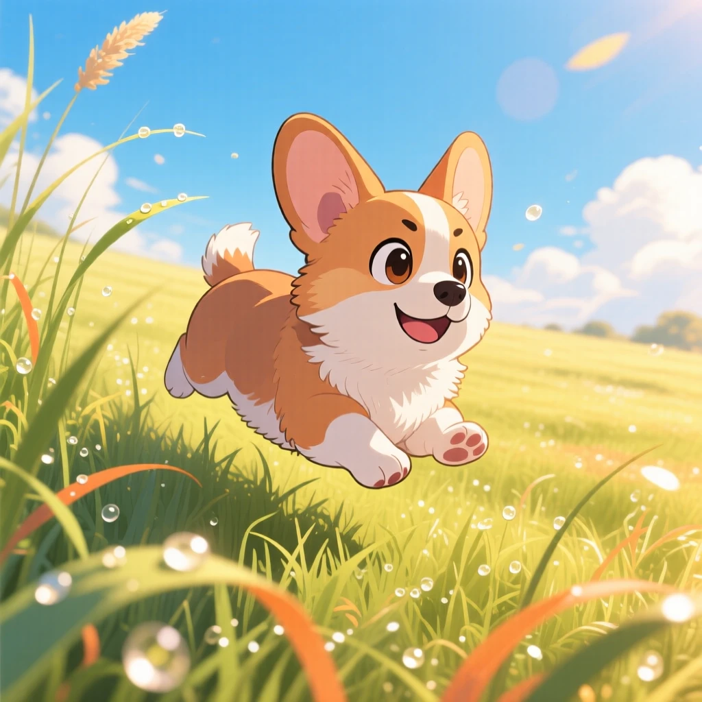 In an open sunny field, a fluffy corgi puppy is hopping through tall grass with ears flopping as morning dew glistens on the grass, bathed in warm lamplight, expression full of proud determination. Shot as a dynamic diagonal composition.