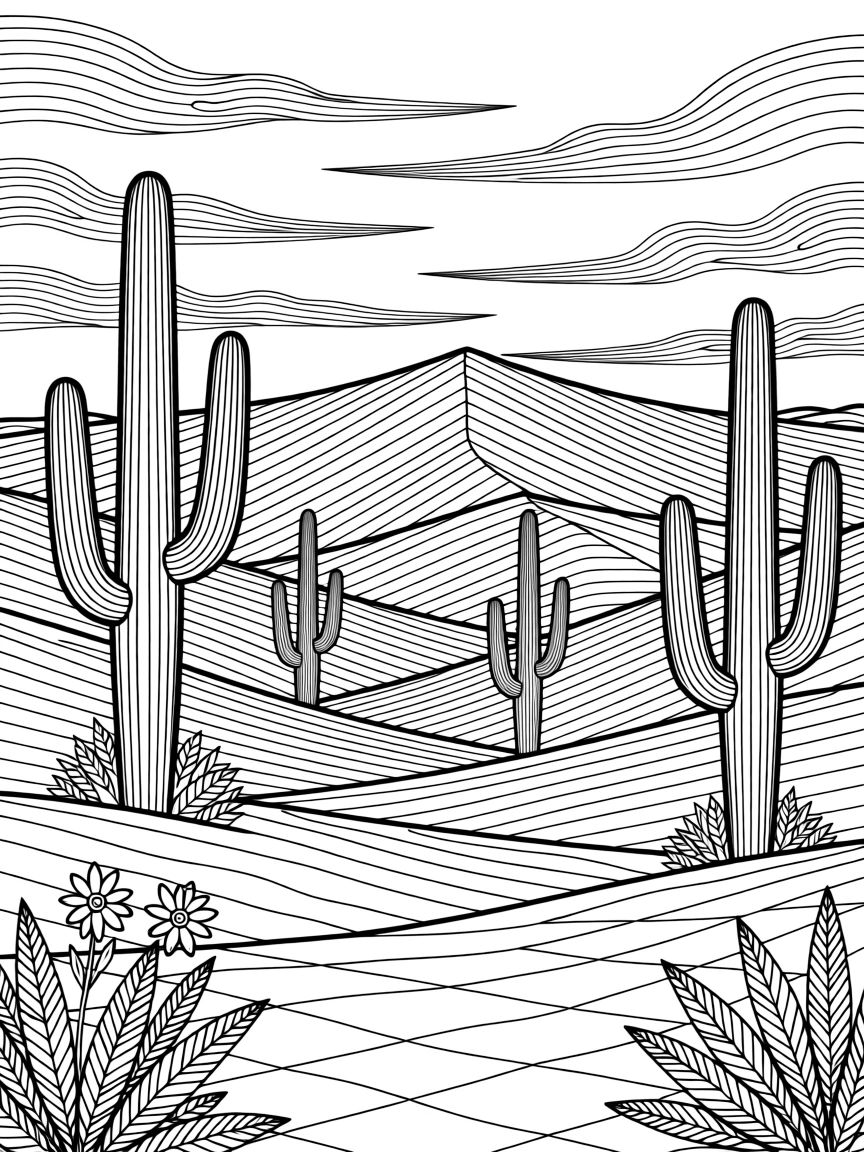 A desert landscape at dusk with saguaro cacti silhouetted against layered dunes.