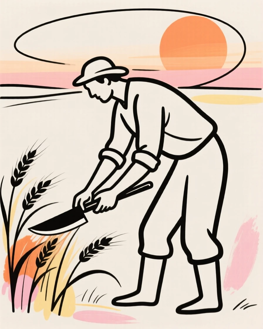 A farmer harvesting wheat at sunset
