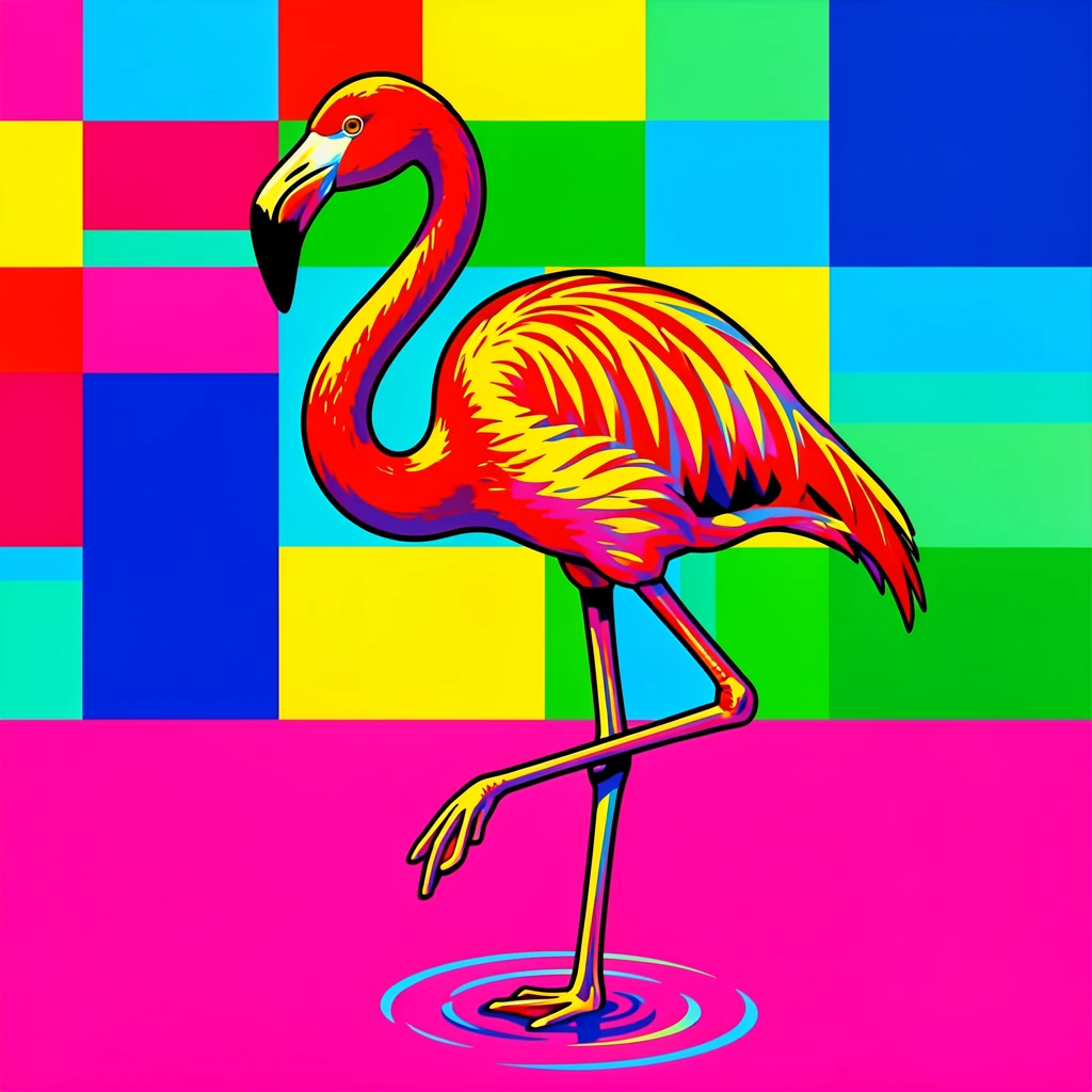 Flamingo standing on one leg in shallow pink water