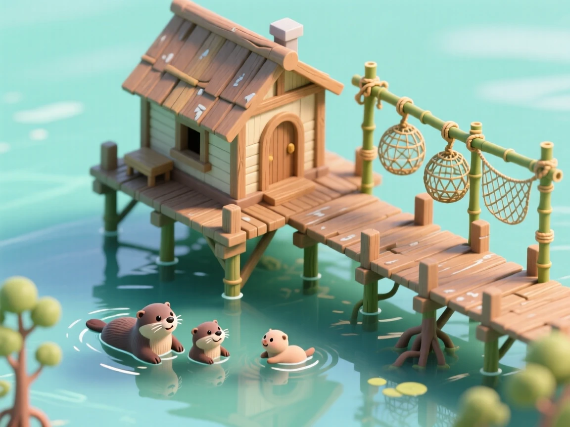 A stilt house built over a mangrove lagoon, connected by a wooden boardwalk, fishing traps hanging from the railing, and a family of otters playing in the water below.