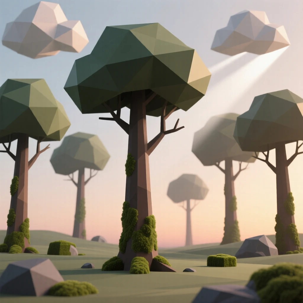 An ancient forest with moss-covered trees, beneath a sky painted in sunset hues. soft light rays break through scattered clouds. The view feels timeless and untouched.
