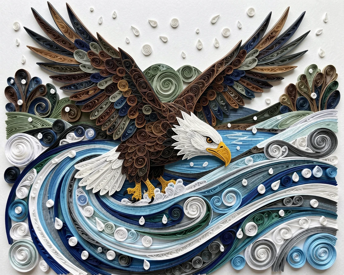 a bald eagle diving toward a rushing river, along a quiet natural horizon line, composed with the animal as a striking central focal point, surrounded by softly falling snow.