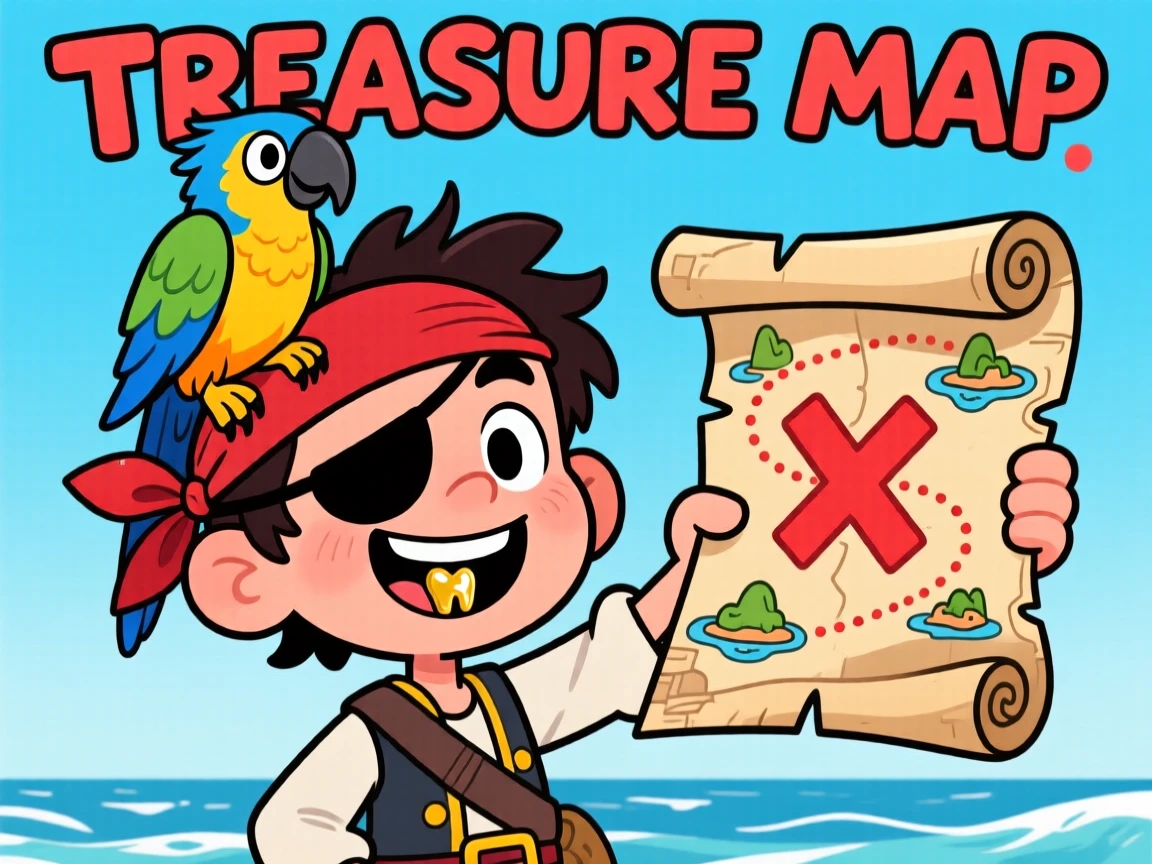 A charming portrait of a cheeky young pirate with an eyepatch and a gold tooth, parrot on his shoulder, grinning as he holds a treasure map.