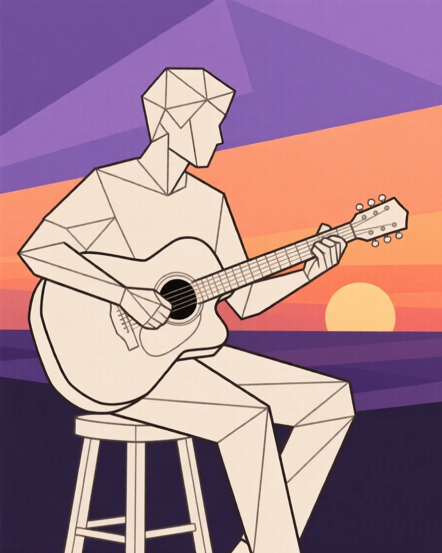 A guitarist playing an acoustic set at sunset