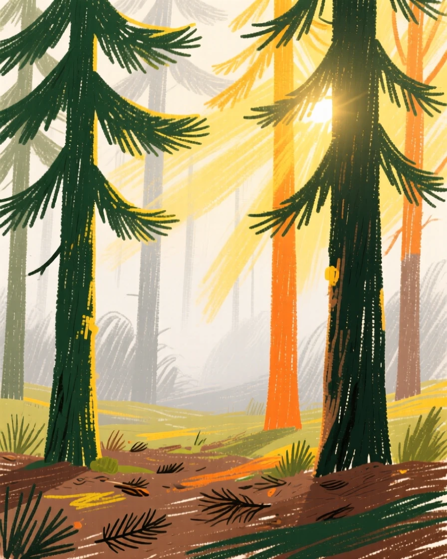 A view of a misty pine forest bathed in golden late afternoon sunlight.