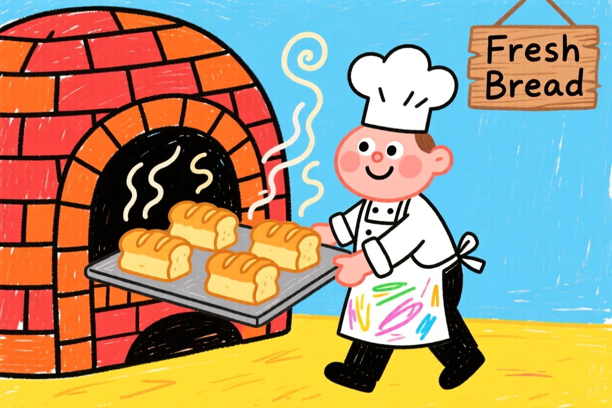 A baker pulling a tray of fresh bread from a brick oven.