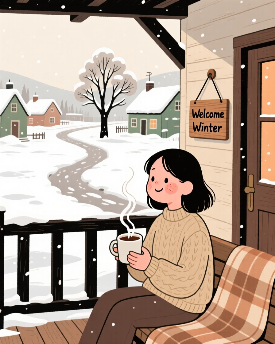 Snow blankets a quiet village square while a young woman watches from a snug porch, a mug of hot cocoa warming their hands.